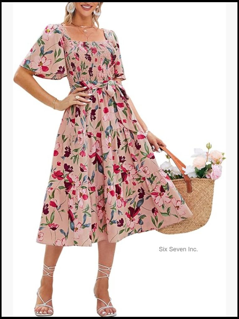 Polyester Floral Midi Dress Smocked Square Neck Boho Wedding Guest